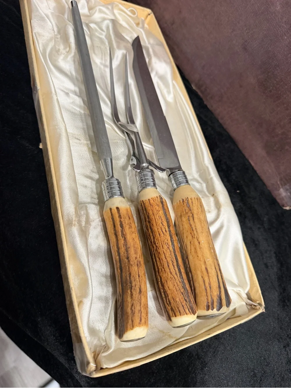 Vintage Sheffield Carving Set Rusnorstain Steel & Bone Brown Handles
